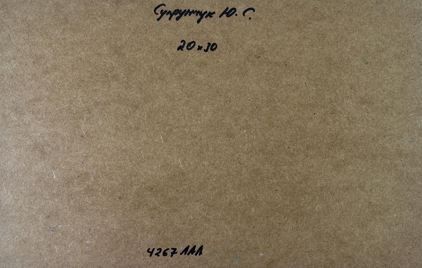 Back of Yuriy Suprunchuk oil painting Boat on the horizon with brown cardboard Cyrillic text and measurements