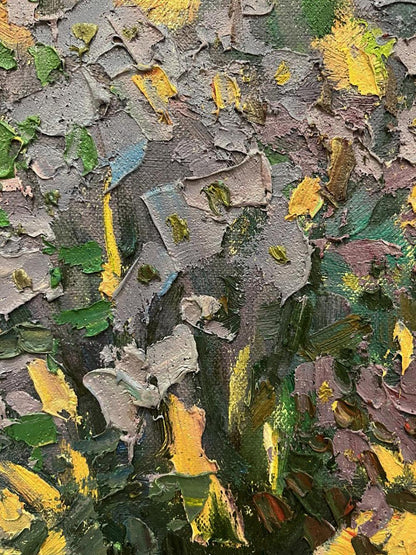 Oil painting Summer bouquet by Oleksandr Andreev with impasto greens and yellows