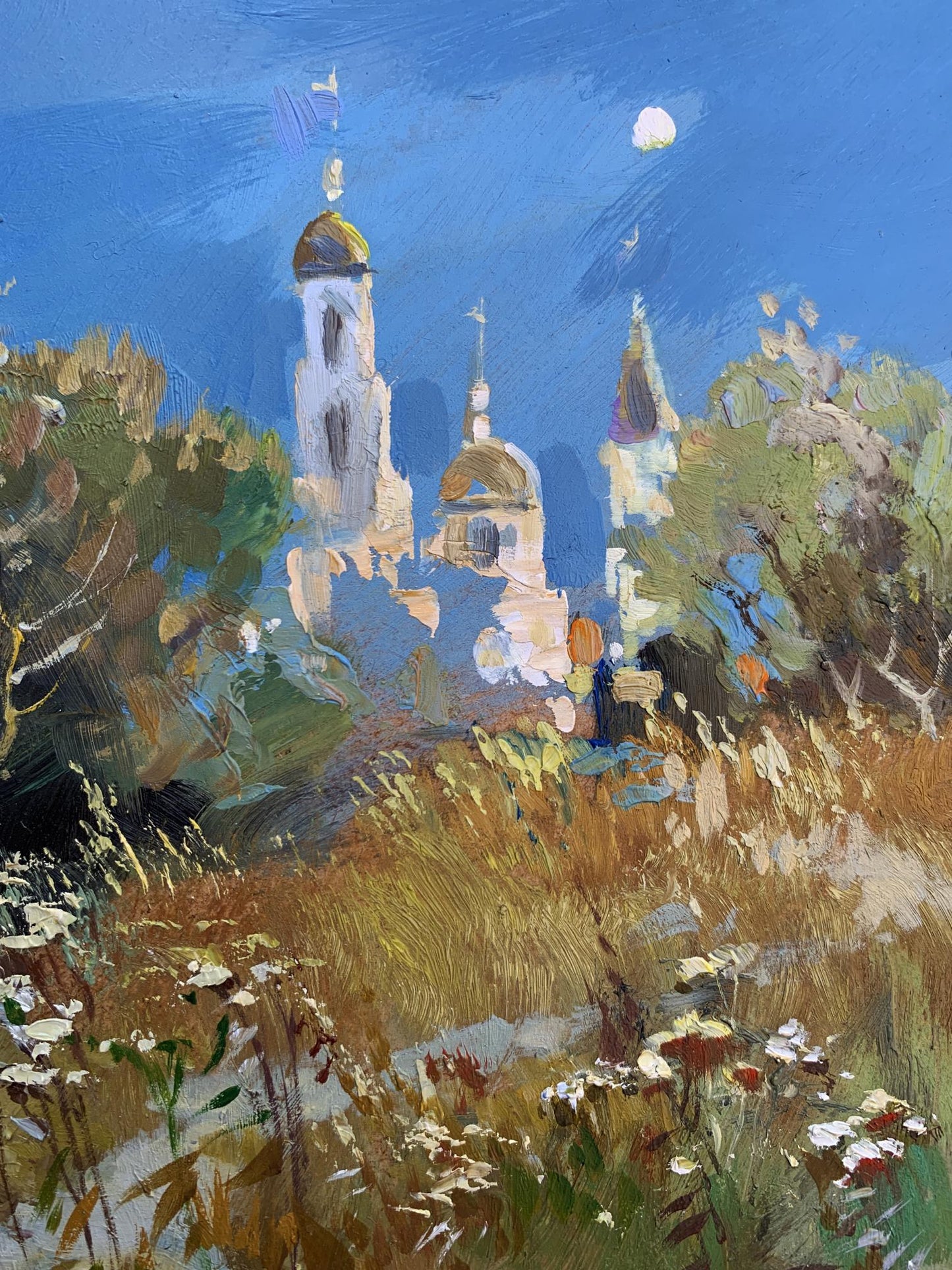 White stone church with golden domes in Yuriy Suprunchuk oil painting