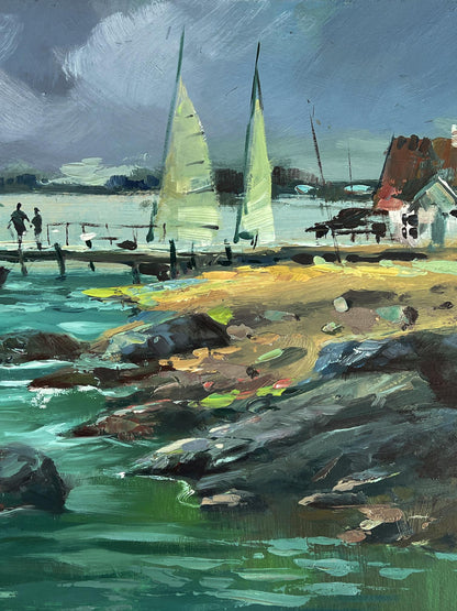 Vibrant impressionist oil painting of Yuriy Suprunchuk sea boats at pier