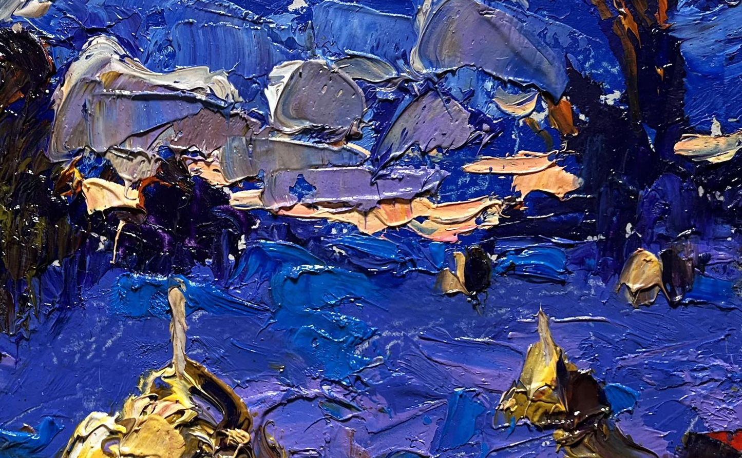 Oil painting The last rays of the sun by Oleksiy Ivanyuk in blues and golds