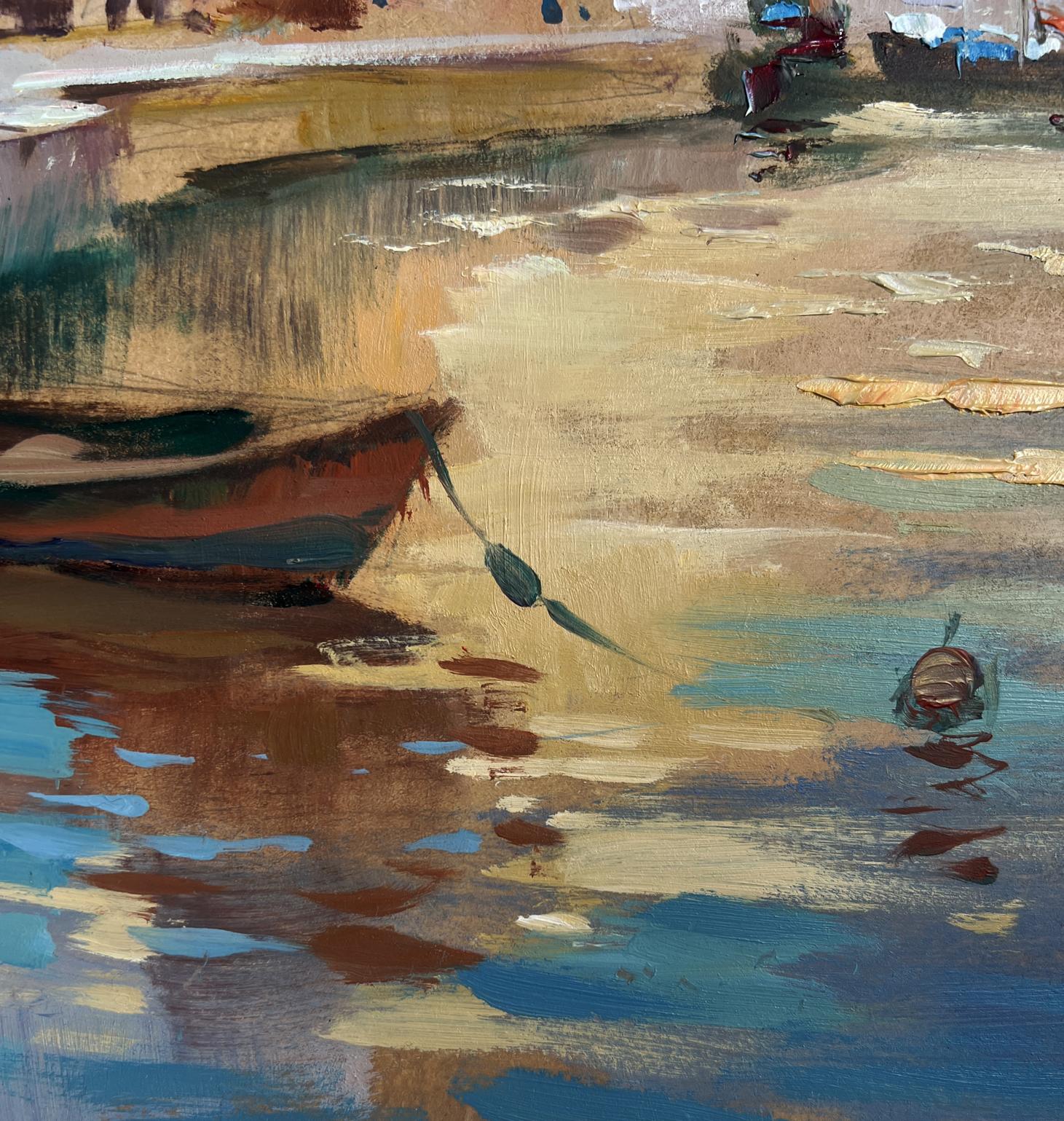 Oil painting The flaming evening horizon by Yuriy Suprunchuk with boat on water