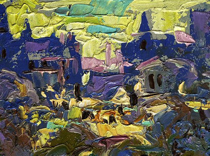 Vibrant Oleksiy Ivanyuk oil painting of yellow sunset over city with bold textured strokes