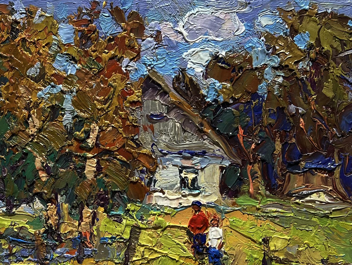 Impasto oil painting by Oksana Ivanyuk: sunny courtyard with rustic white house amid vibrant autumn trees