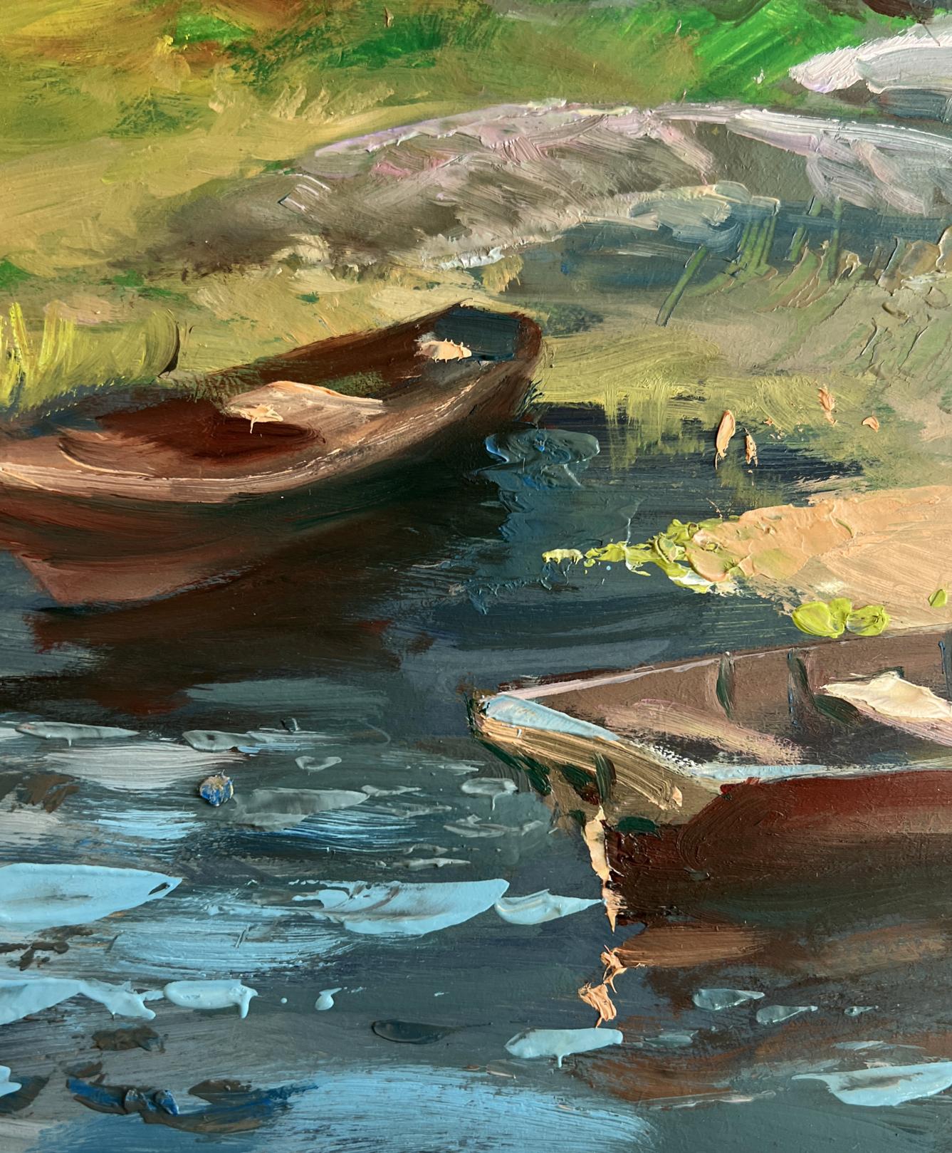 Oil painting of rustic rowboat on calm river by Yuriy Suprunchuk