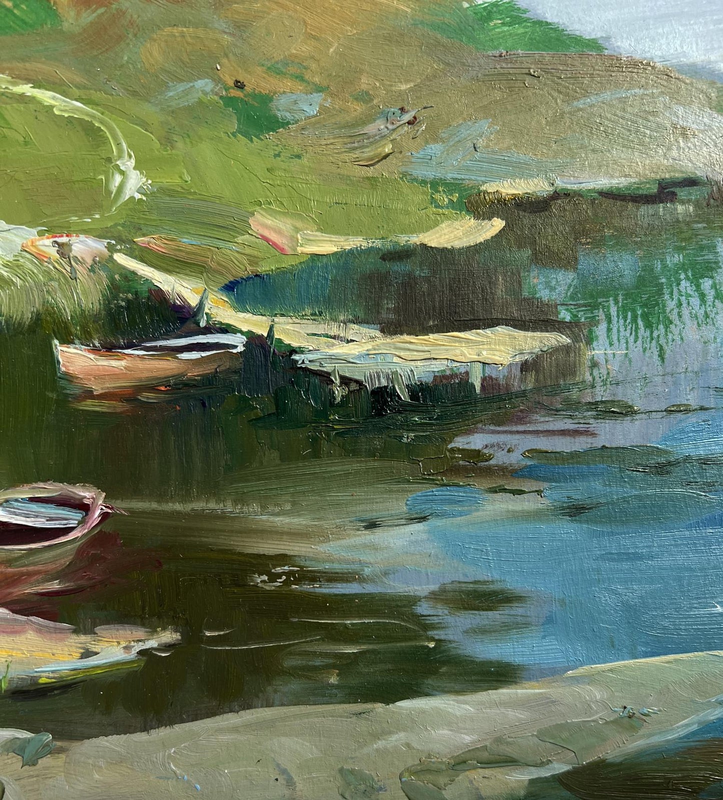 Impressionistic oil painting of boats on River near village Yuriy Suprunchuk