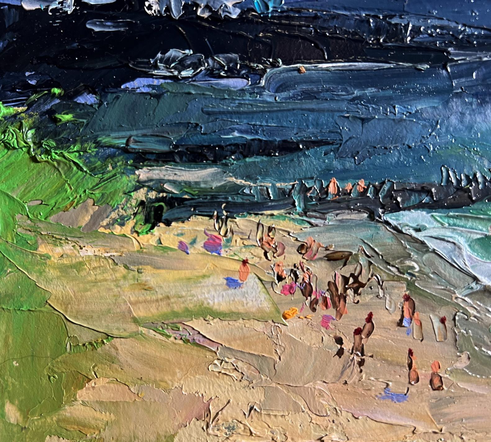 Oil painting of people on beach by Boris Serdyuk, textured impasto blues and greens