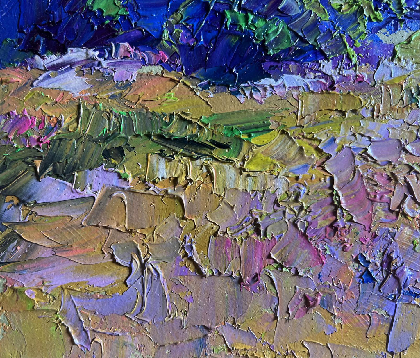 Oil painting of summer flower meadow by Boris Serdyuk in vibrant impasto