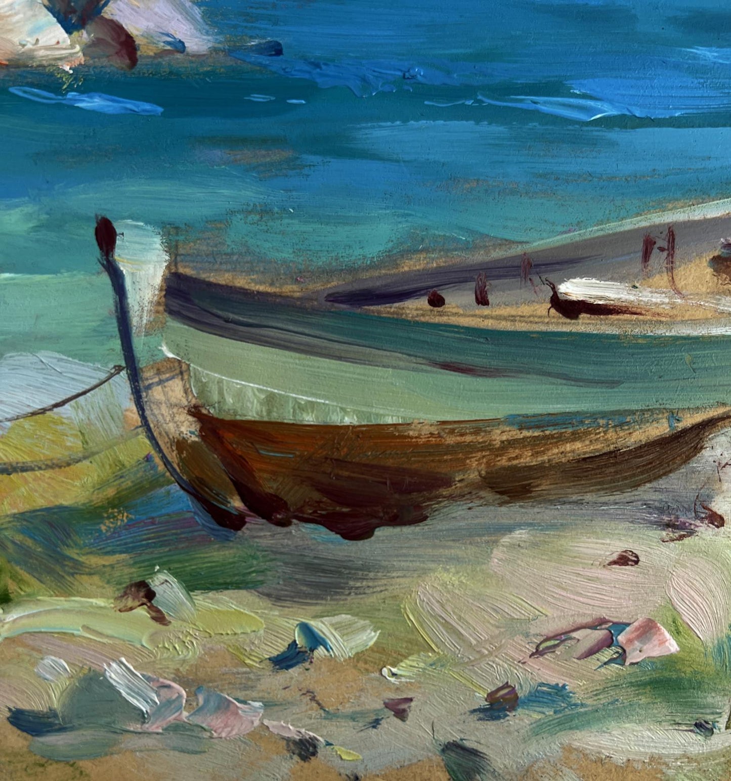 Oil painting of weathered wooden boat on sandy shore by Yuriy Suprunchuk