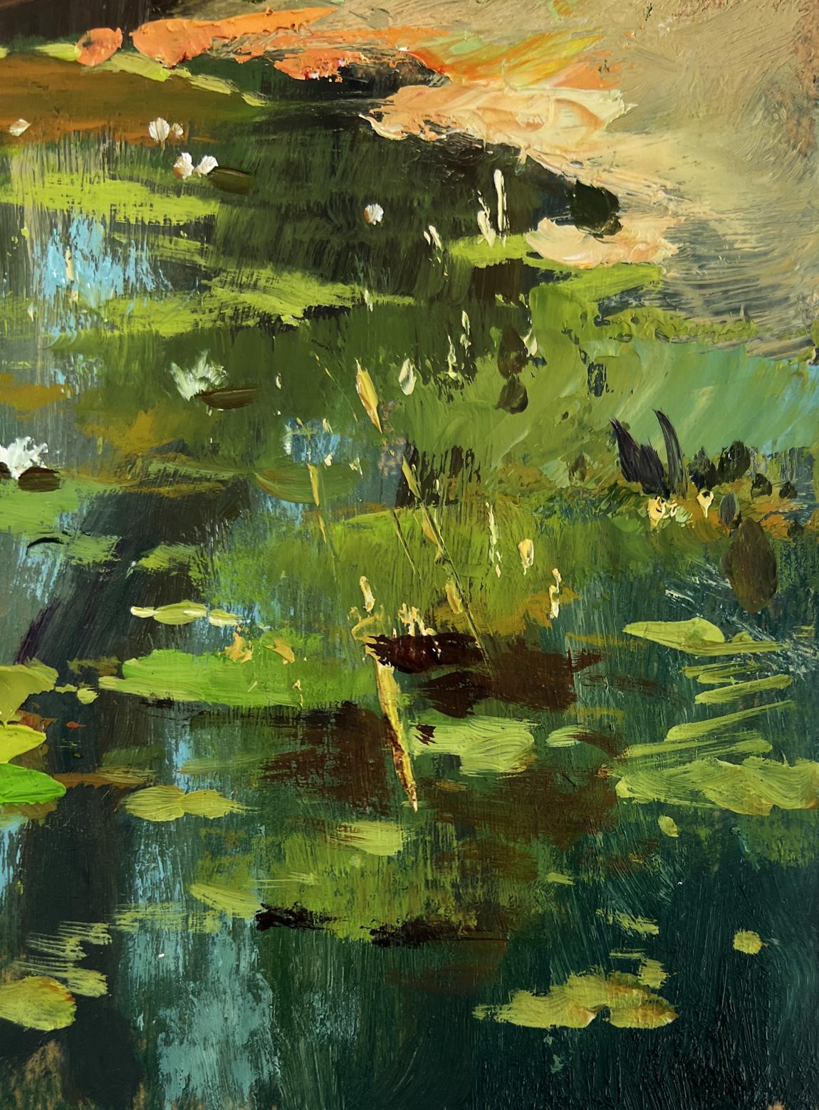 Abstract oil painting of lily pad pond and fishermans boat by Yuriy Suprunchuk