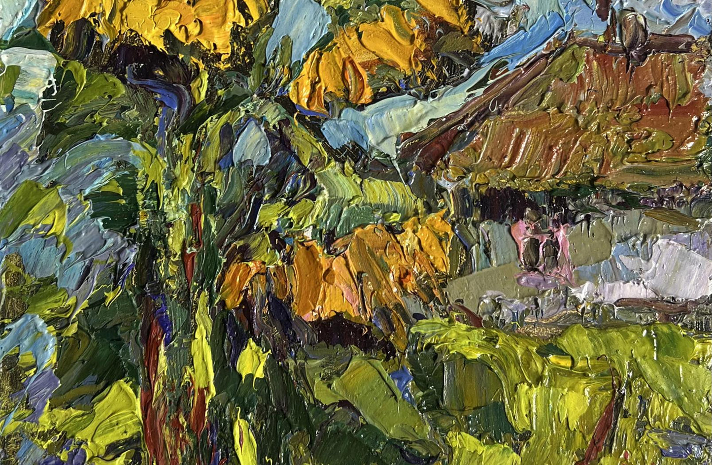 Vibrant impressionist oil painting of sunflowers near the house by Oksana Ivanyuk