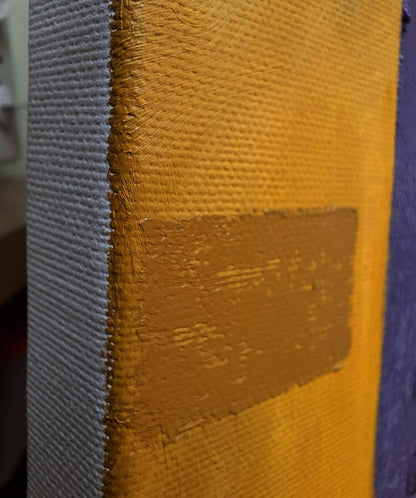 Back of Sergiy Voichenko oil painting Walking in the labyrinth: yellow textured canvas, gray fabric edge, brown painted patch