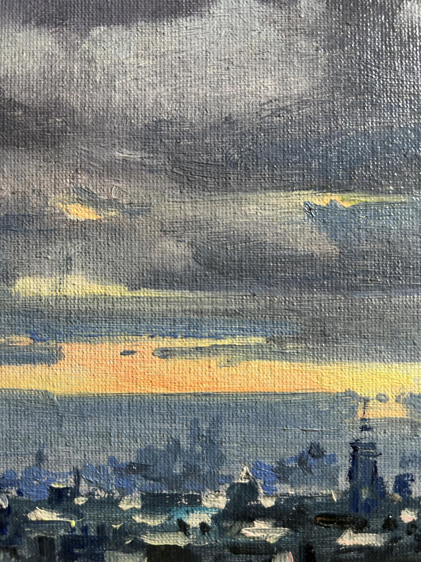 Oil painting Yellow sunset over the city by Tatyana Derdey