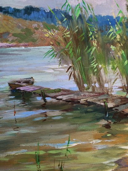 Rustic dock in calm water with reeds, oil painting by Yuriy Suprunchuk