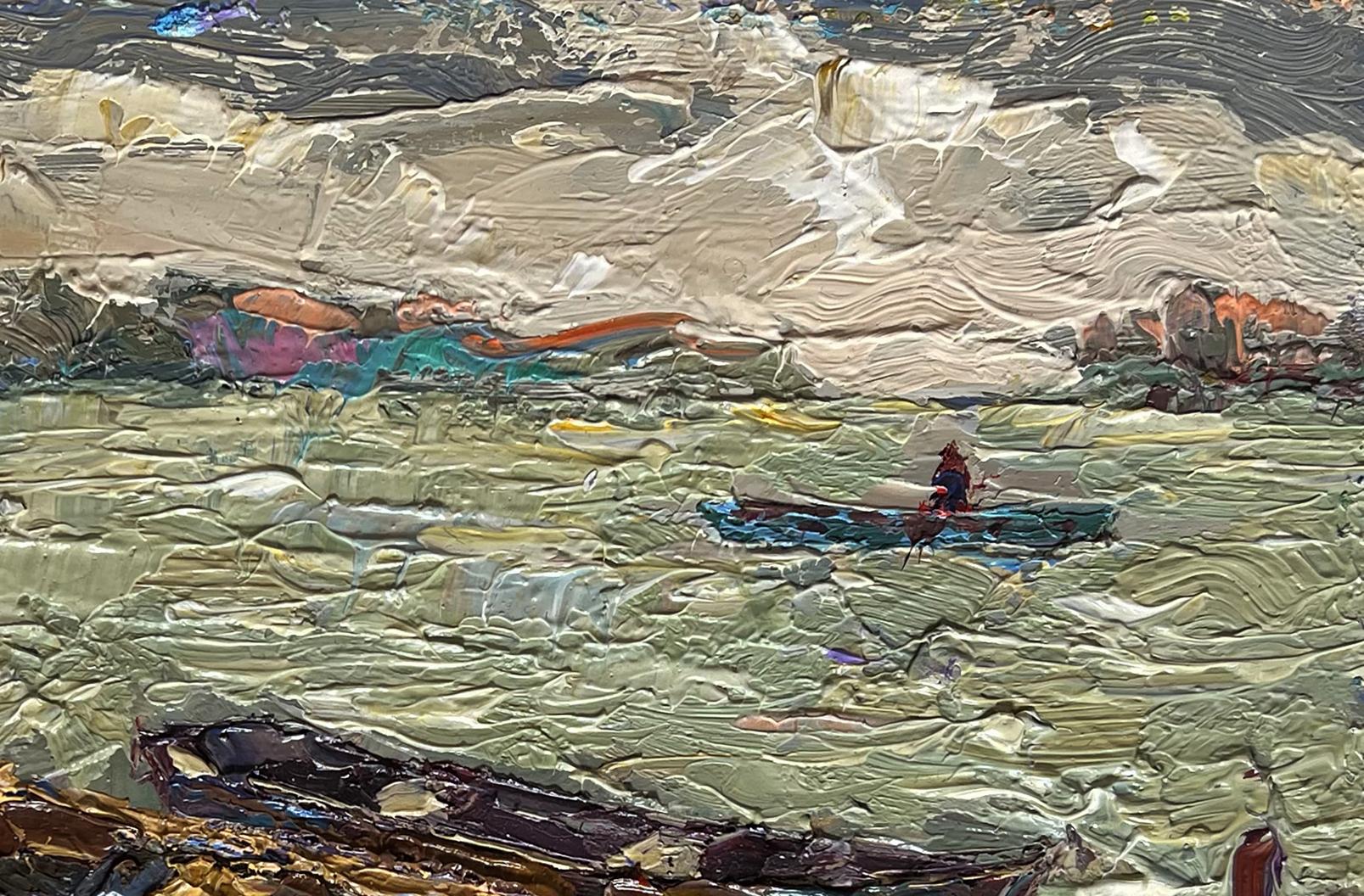 Textured impasto oil painting by Oksana Ivanyuk: boat near pier on calm waters