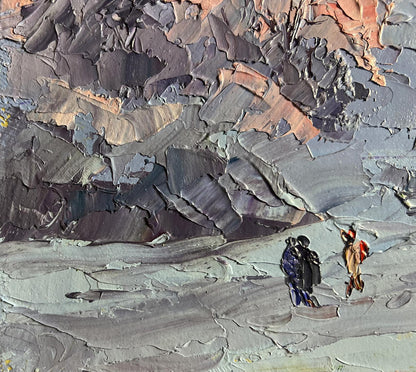 Oil painting Walking on a frosty day by Boris Serdyuk, textured figures in gray landscape