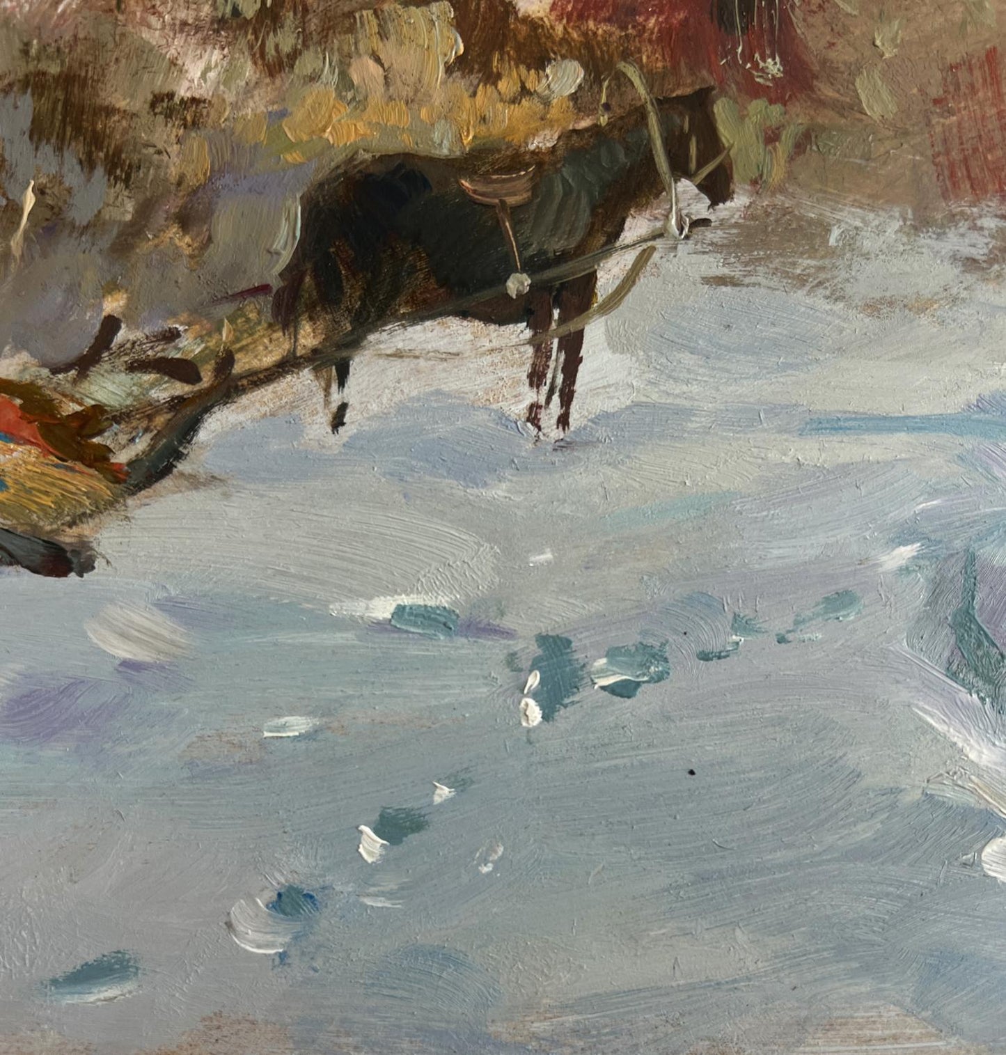 Oil painting Country winter evening by Yuriy Suprunchuk snowy ox cart