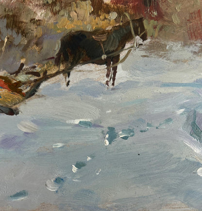 Oil painting Country winter evening by Yuriy Suprunchuk snowy ox cart
