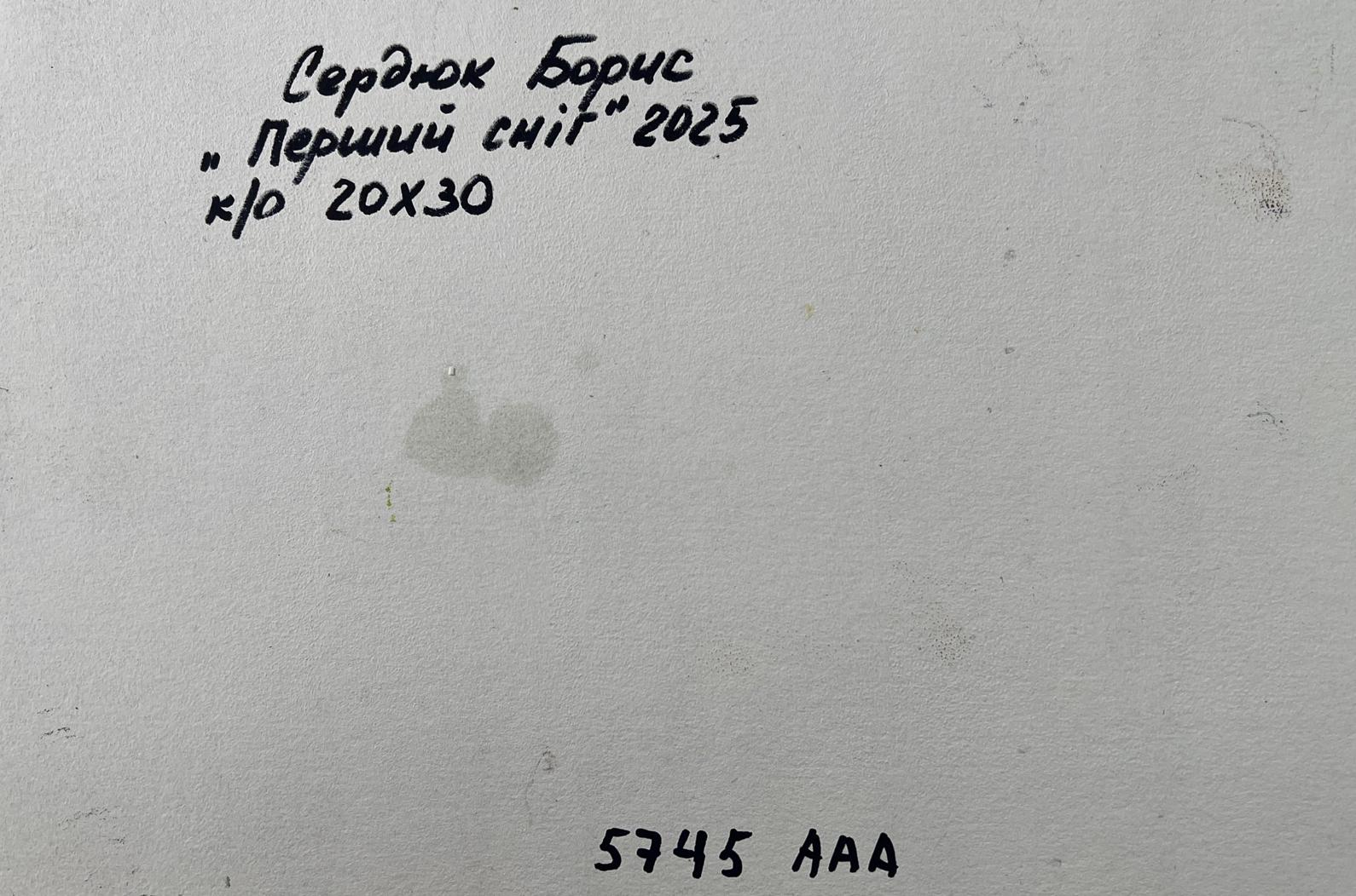 Handwritten Cyrillic text on back of Boris Serdyuk first snow oil painting