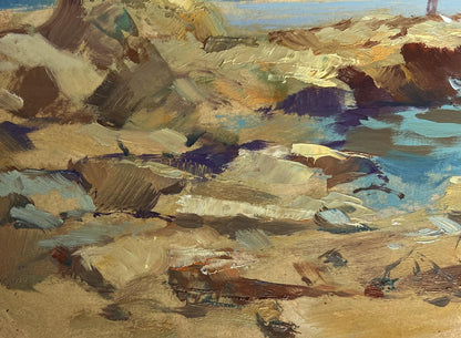 Oil painting by Yuriy Suprunchuk: sunset at sea with rugged rocks and turquoise water