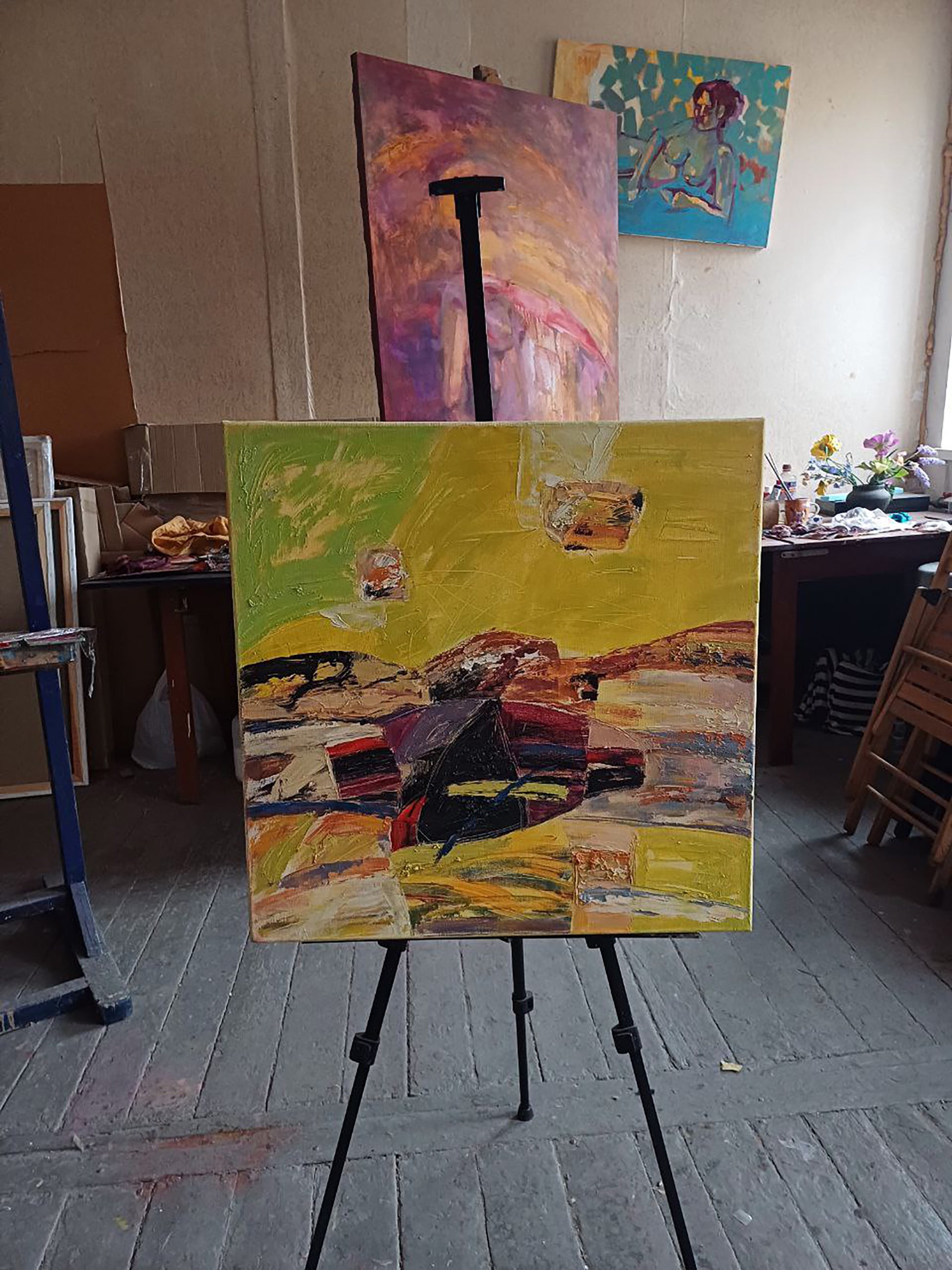 Oil painting Taste of Caramel by Tatyana Shulyak in vibrant yellow green earthy tones