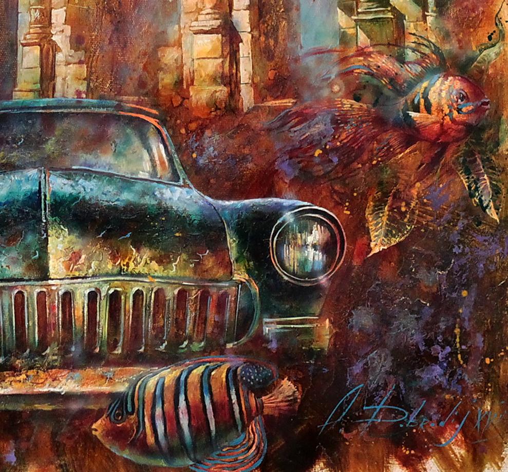 Rust-streaked vintage teal car oil painting Forgotten Motive by Alexander Dobrodiy