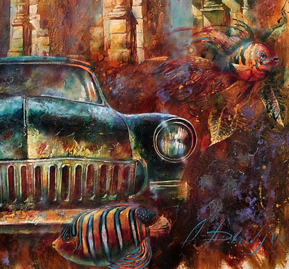 Rust-streaked vintage teal car oil painting Forgotten Motive by Alexander Dobrodiy