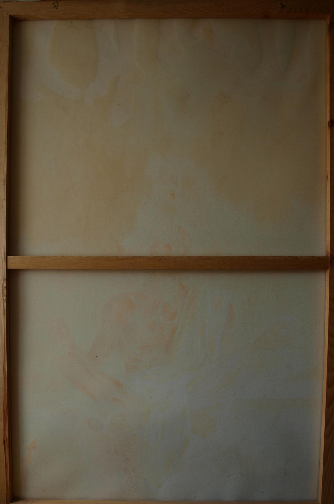Back of framed Oil painting Arjuna Konsta G. Amelinn with beige paper and wood bars