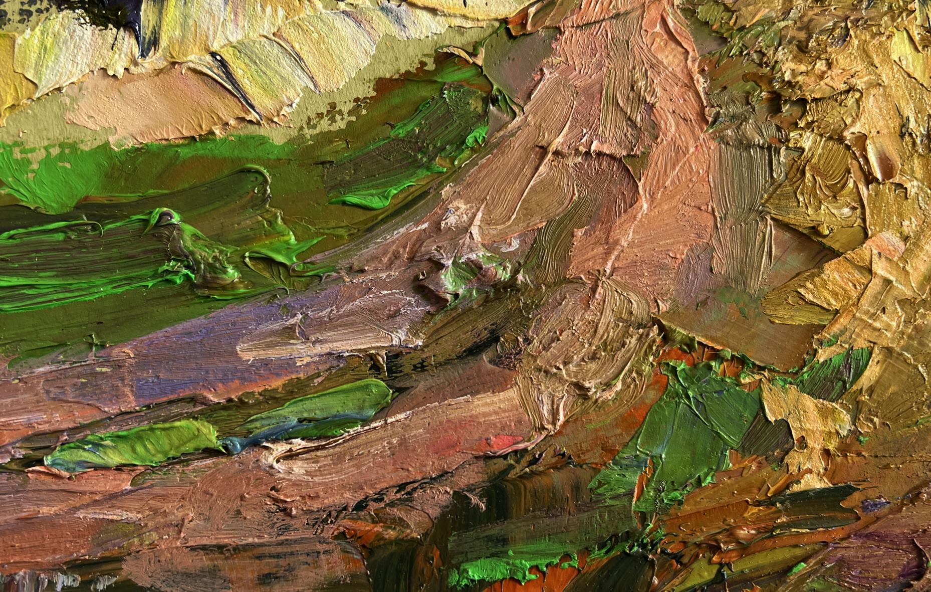 Oil painting Autumn road to the mountains by Boris Serdyuk with impasto brushstrokes