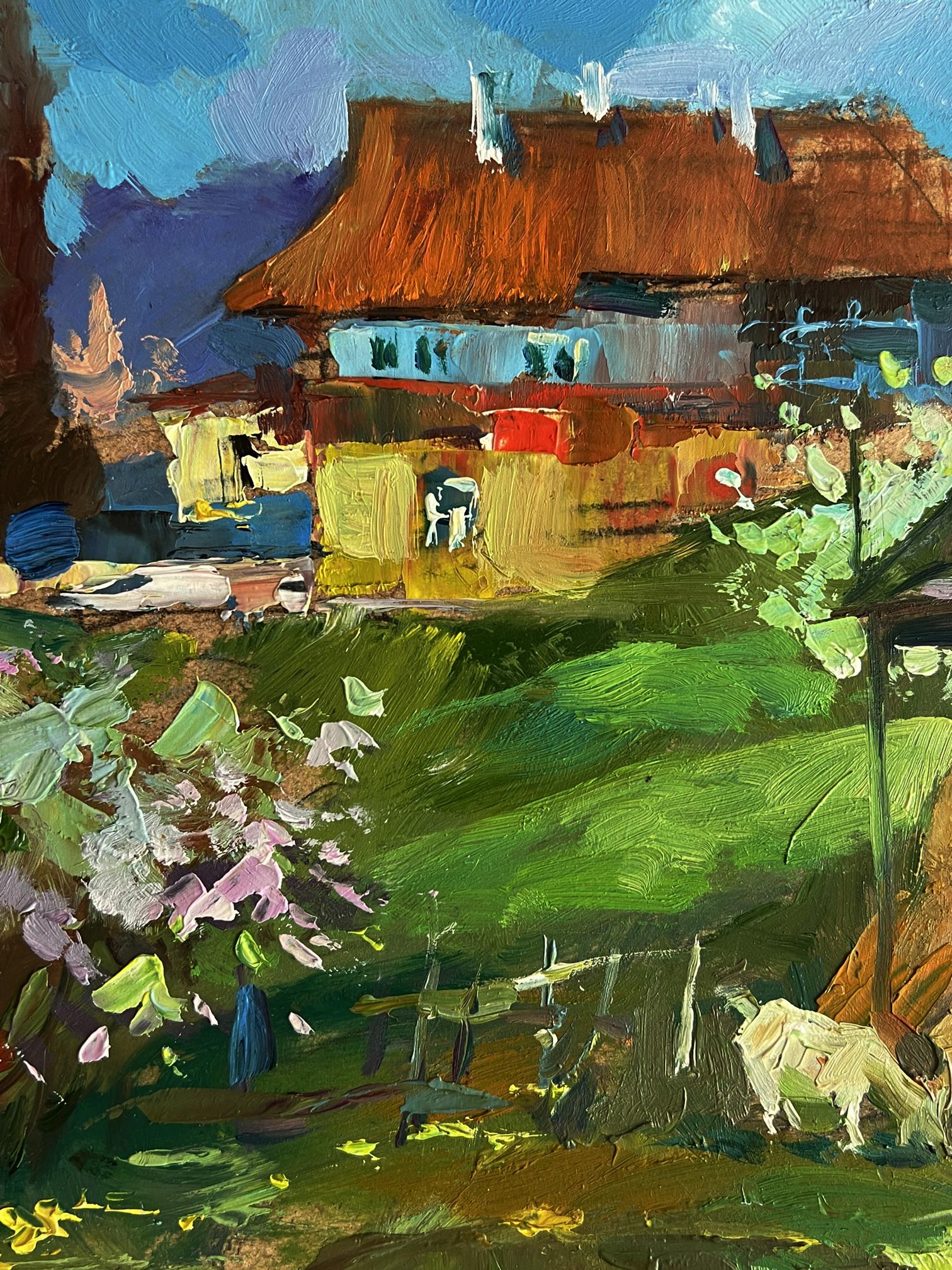 Vibrant impressionist oil painting of village garden house with goat by Yuriy Suprunchuk