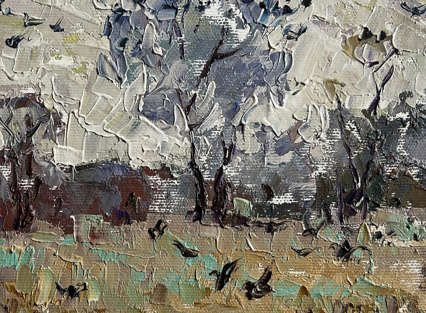 Oil painting Deep autumn has arrived by Oleksiy Ivanyuk with bird silhouettes