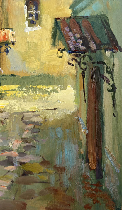 Oil painting Fresh air from the streets by Yuriy Suprunchuk with green awning