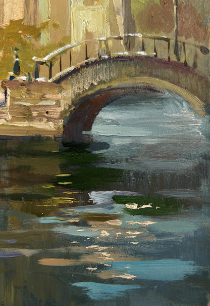 Impressionistic oil painting of weathered stone arch bridge over calm city river by Yuriy Suprunchuk