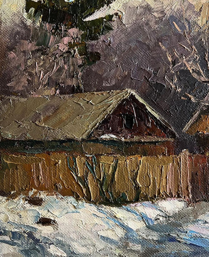 Oil painting A cold December day by Boris Serdyuk: snow-covered wooden house