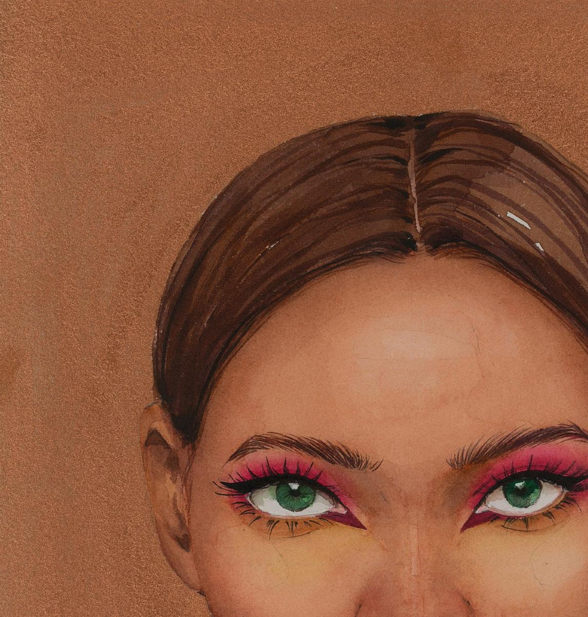 Watercolor painting of Lady in Gold by Victoria Kagalovska with green eyes