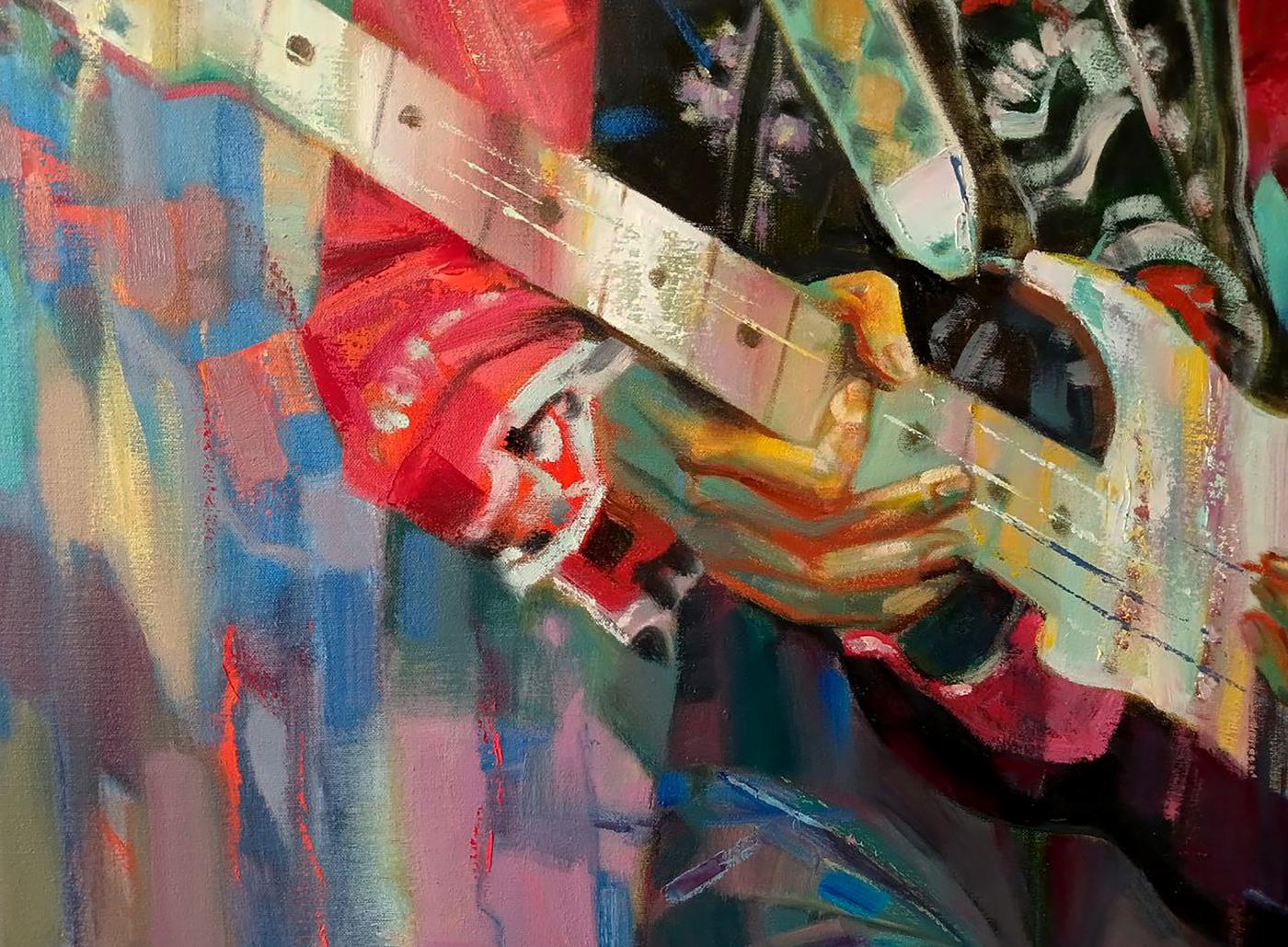 Abstract oil painting of Jimi Hendrix hand gripping guitar by Anatoly Tarabanov