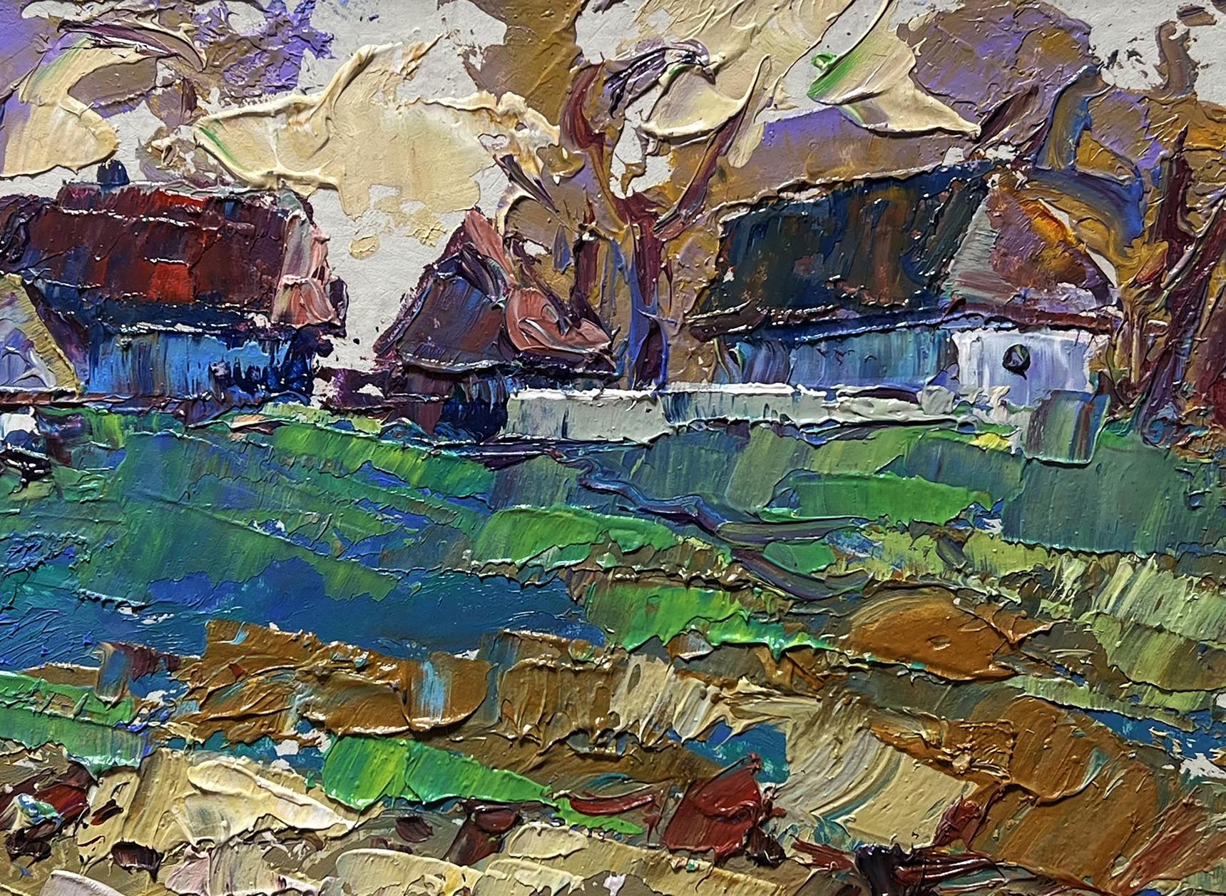 Vibrant impressionist oil painting of sunset behind rustic village houses by Oleksiy Ivanyuk