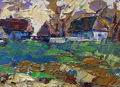 Vibrant impressionist oil painting of sunset behind rustic village houses by Oleksiy Ivanyuk