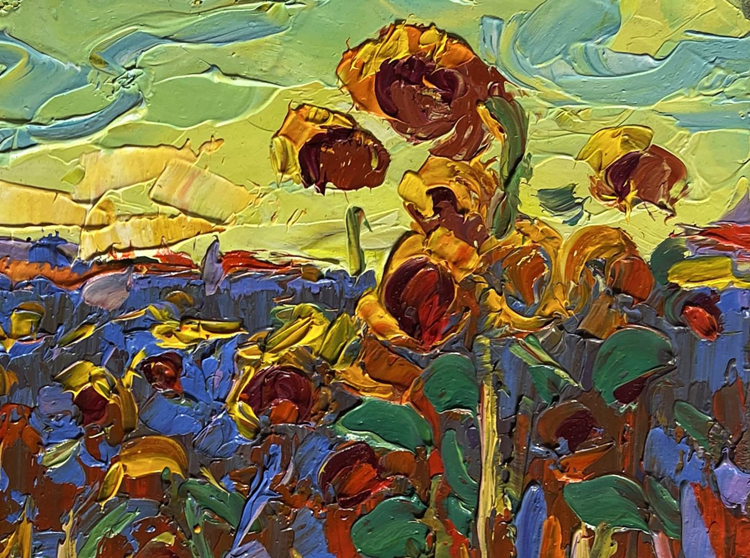 Vibrant impressionist oil painting of sunflowers at yellow sunset by Oleksiy Ivanyuk