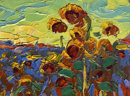 Vibrant impressionist oil painting of sunflowers at yellow sunset by Oleksiy Ivanyuk