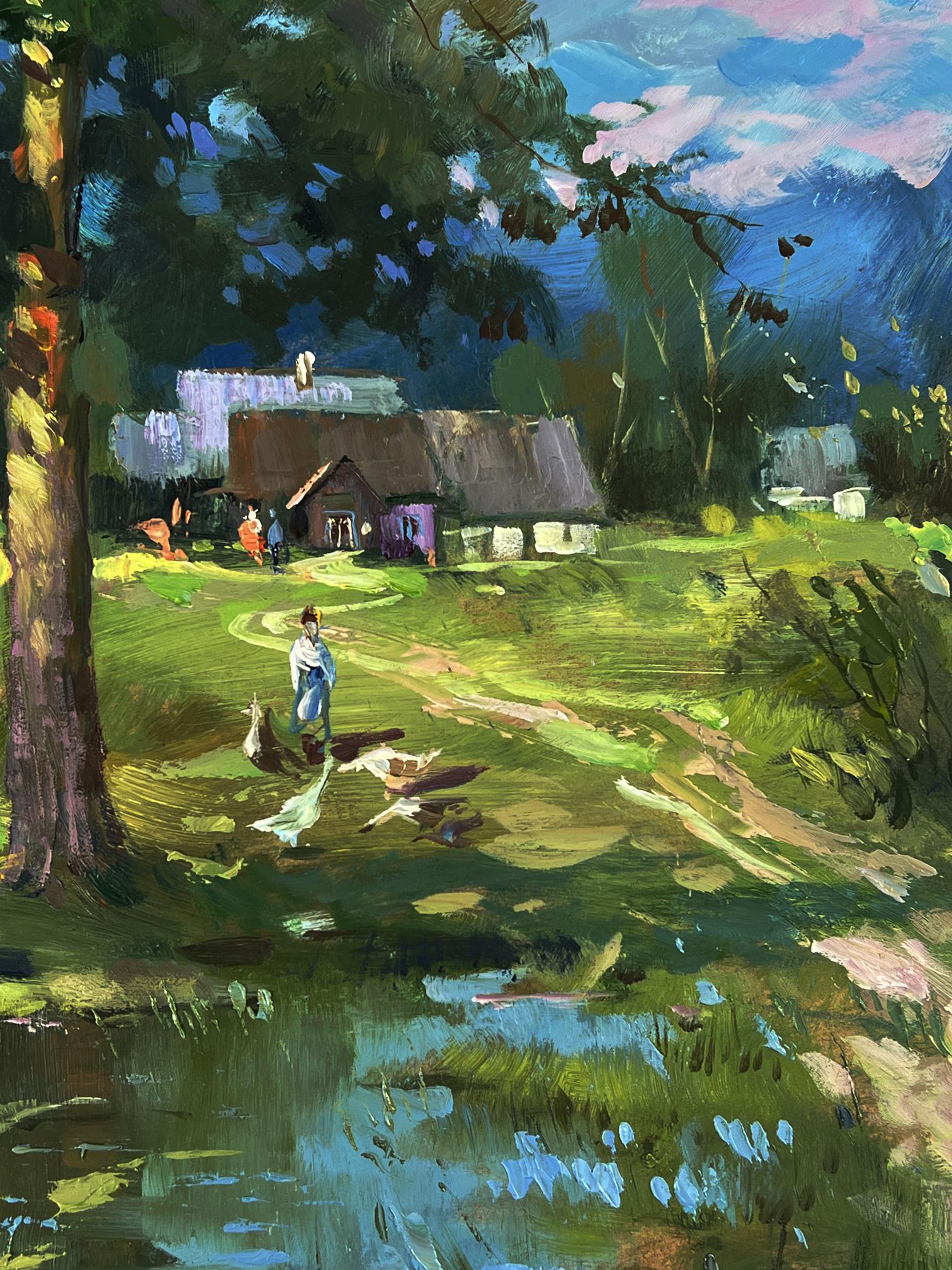 Oil painting of swamps near village by Yuriy Suprunchuk, thatched cottage in green field