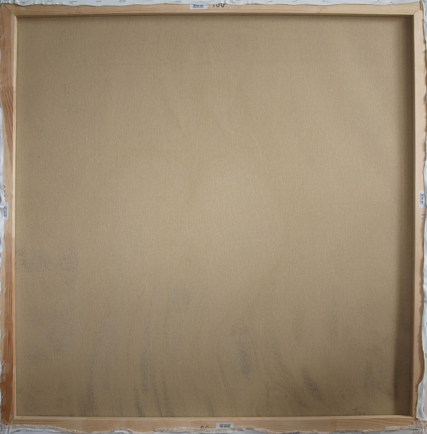 Back of Oil painting Alone Konsta G. Amelinn square canvas beige fabric light wood frame