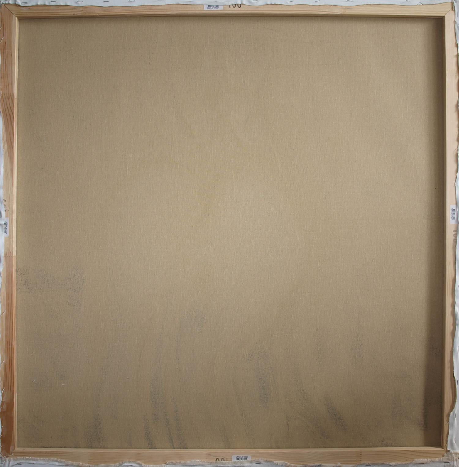 Back of Oil painting Alone Konsta G. Amelinn square canvas beige fabric light wood frame
