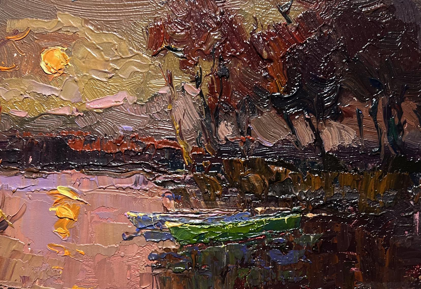 Oil painting Monthly Reflection by Oksana Ivanyuk: green boat on sunset water