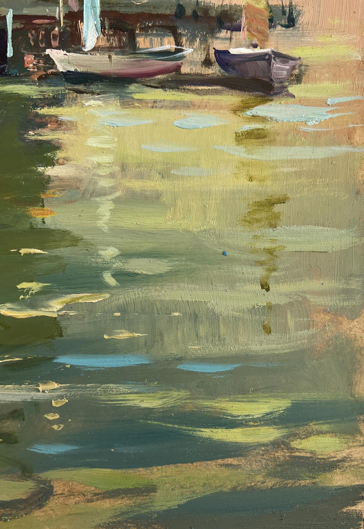 Oil painting of Venice port sunset with boats by Yuriy Suprunchuk