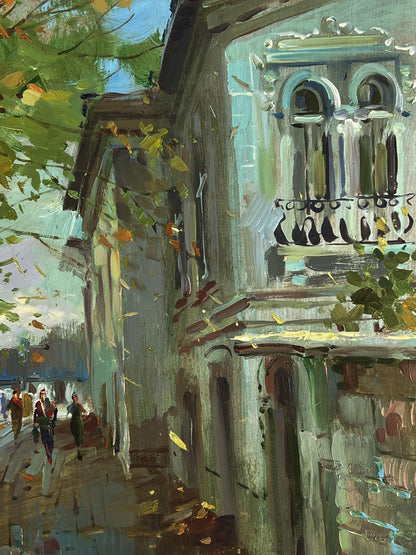 Oil painting of daytime city street by Yuriy Suprunchuk, blue-gray building under autumn trees