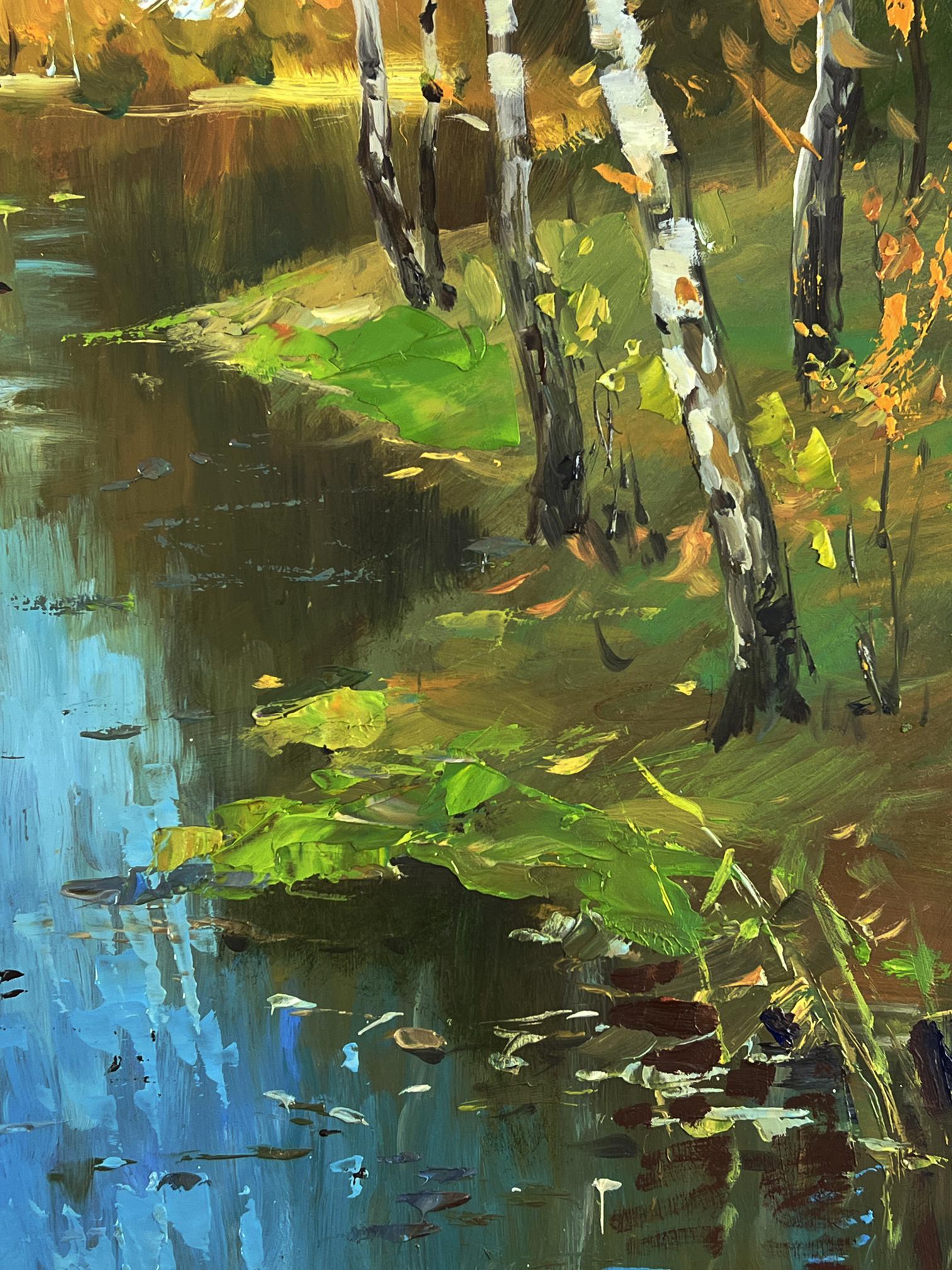 Vibrant impressionist oil painting of autumn birch trees by river, Yuriy Suprunchuk