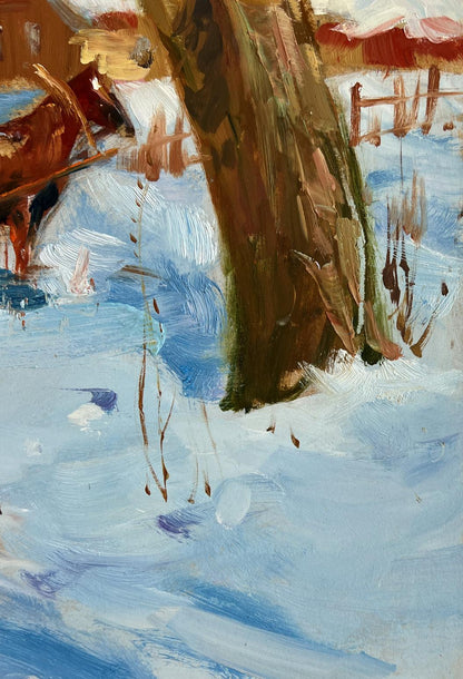 Oil painting of textured brown tree trunk and snowy hay loading by Yuriy Suprunchuk