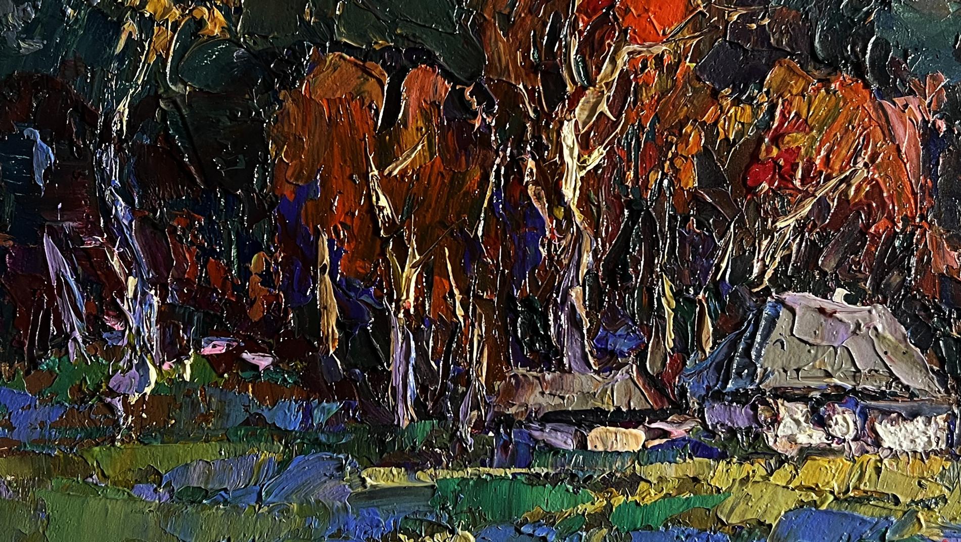 Textured impasto oil painting of moon over village by Oksana Ivanyuk