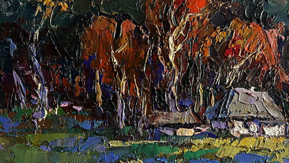 Textured impasto oil painting of moon over village by Oksana Ivanyuk